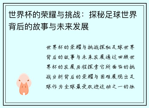 世界杯的荣耀与挑战：探秘足球世界背后的故事与未来发展
